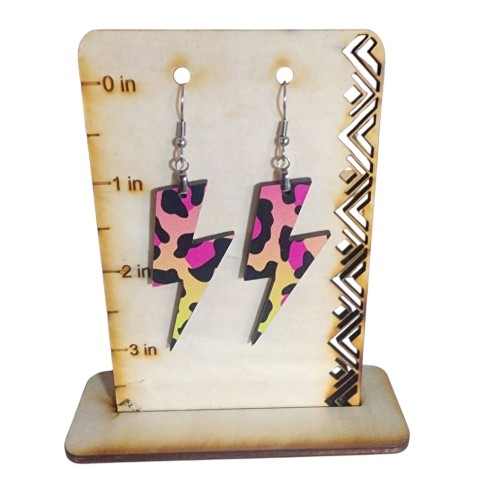 Neon Leopard Lightning Bolt Acrylic Drop Earrings - Pink/Yellow/Black Leopard